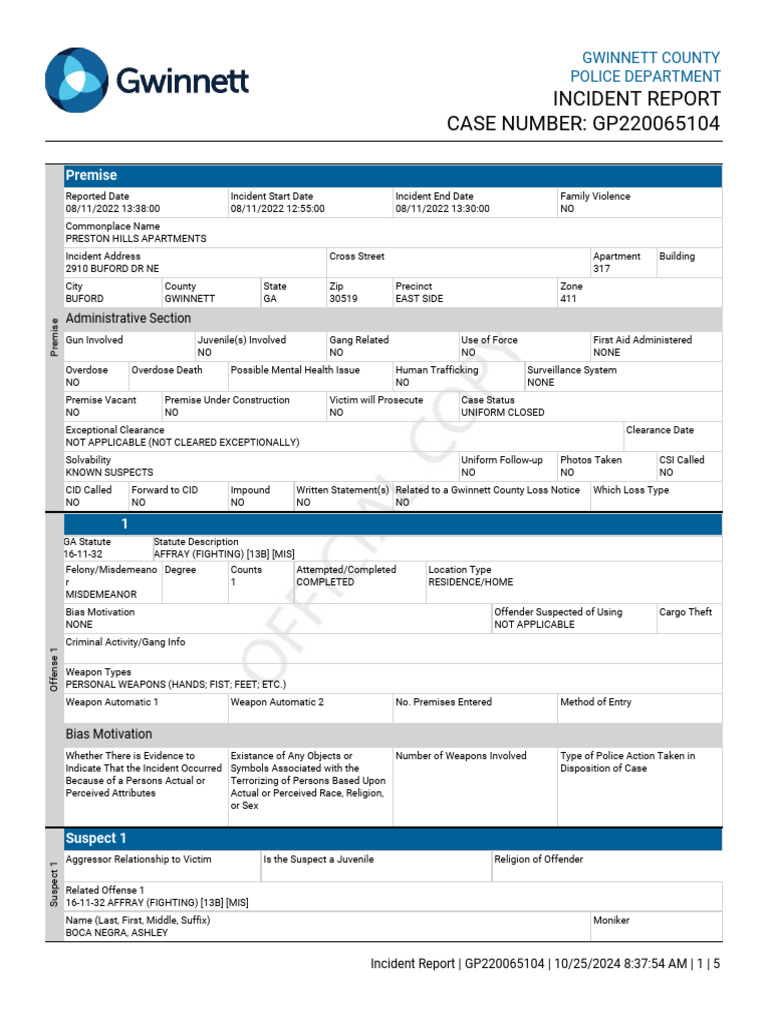 GCPD Incident Report GP220065104 | PDF | Crimes | Crime & Violence