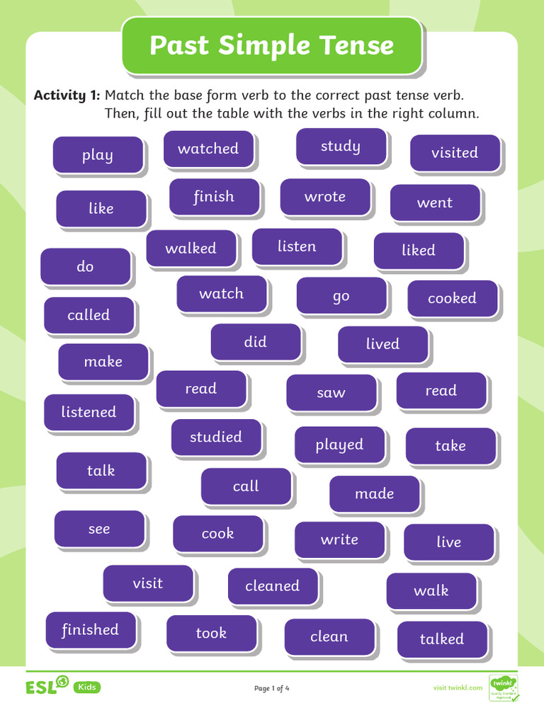 Past Simple Tense Activities for ESL | PDF | English As A Second Or ...