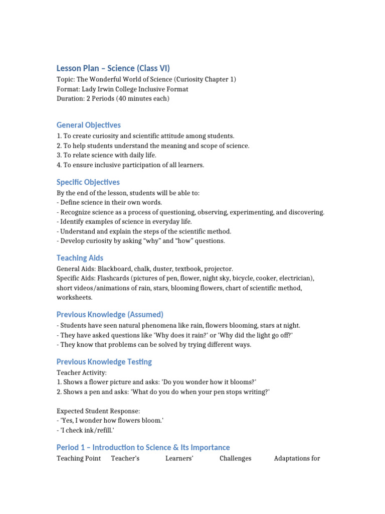 Science Lesson Plan for Class VI | PDF | Science | Knowledge