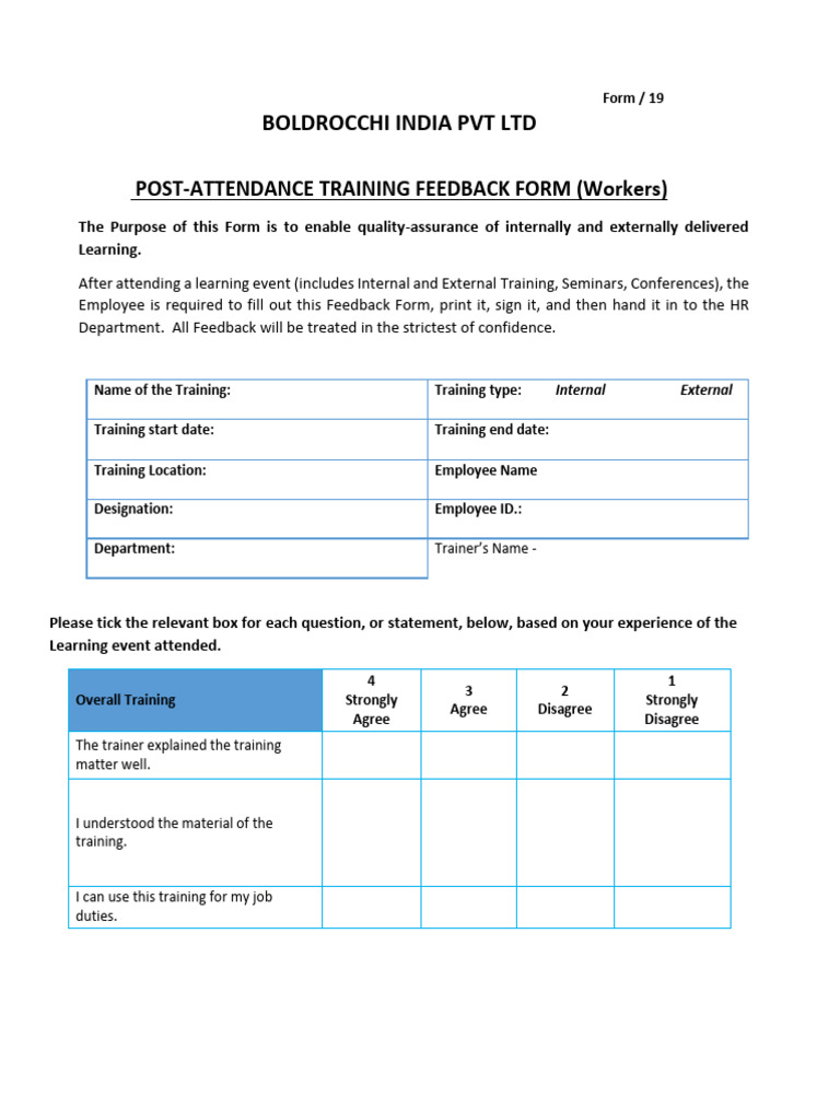 Form 19 - Post-Attendance Training Feedback Form (Non-Staff) | PDF