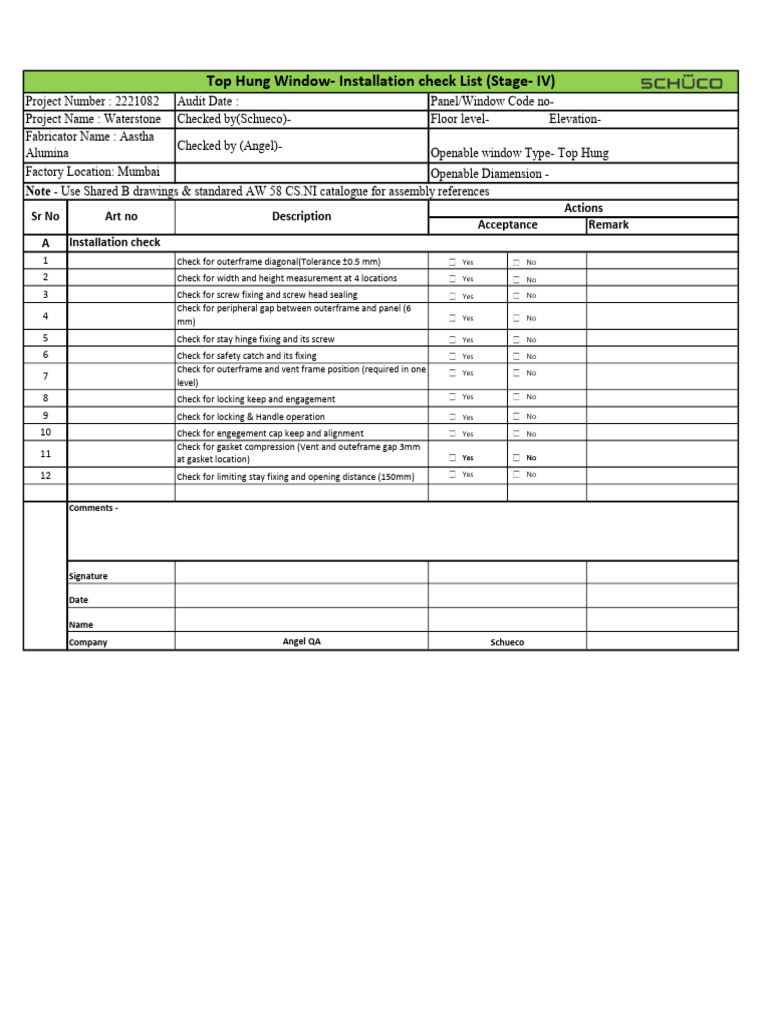 Top Hung Window Installation Checklist | PDF