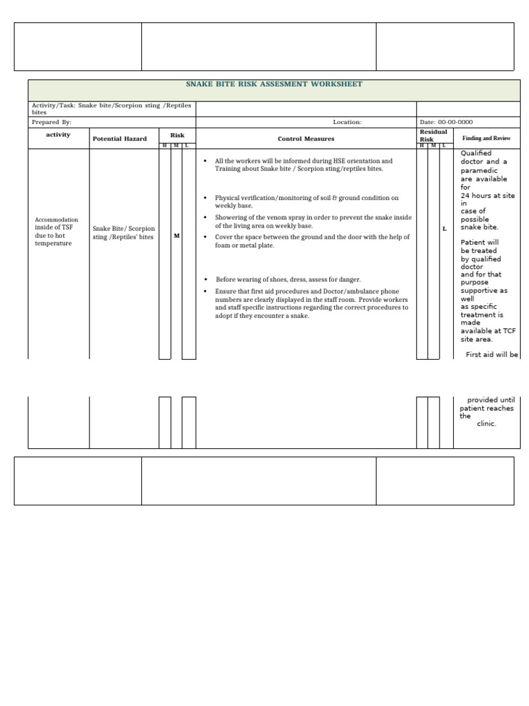 Snake Bite Risk Assessment Worksheet | PDF | Snake | Risk