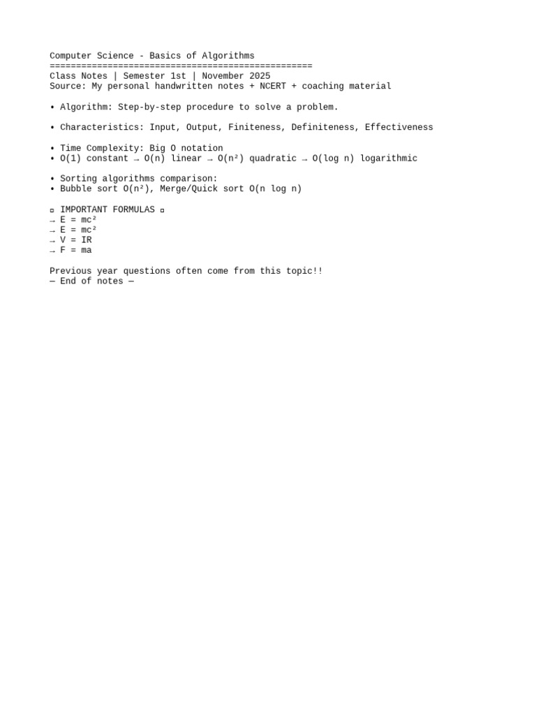 Computer Science Basics of Algorithms Class Notes 2025 3155 | PDF