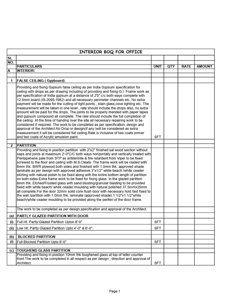 Office Interior BOQ Specifications | PDF | Paint | Door