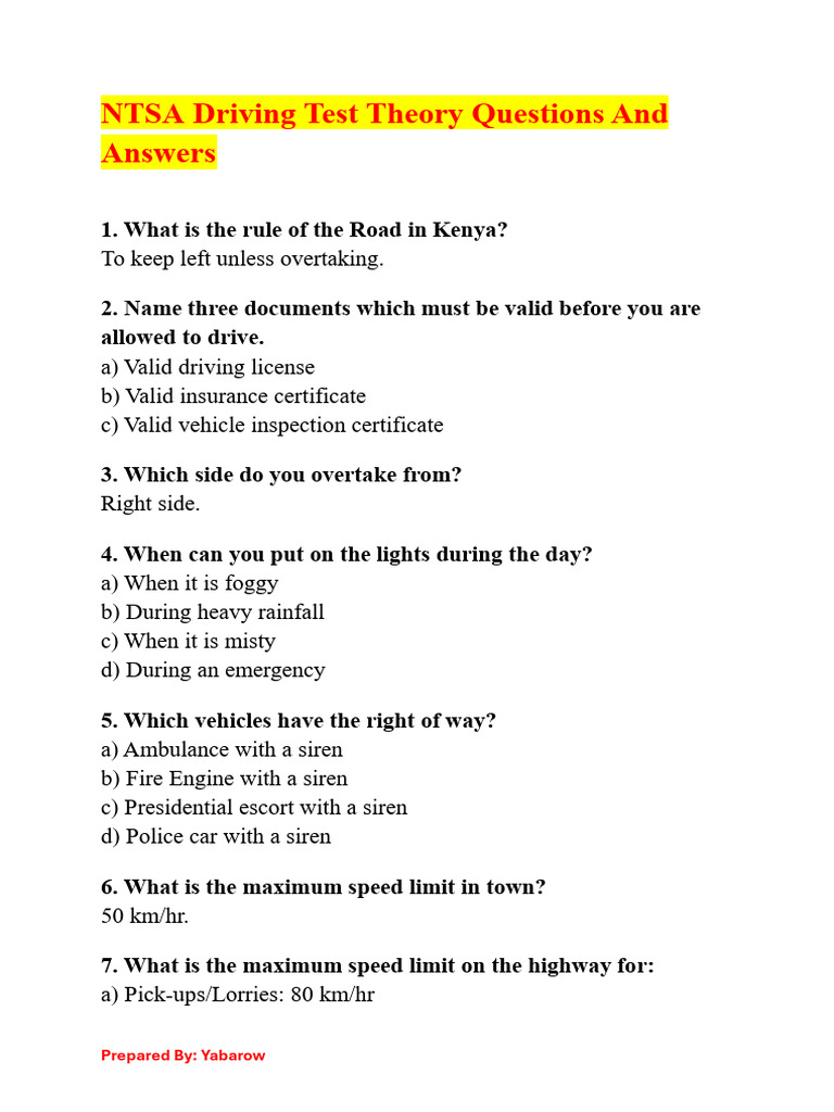 NTSA Driving Test Questions & Answers | PDF
