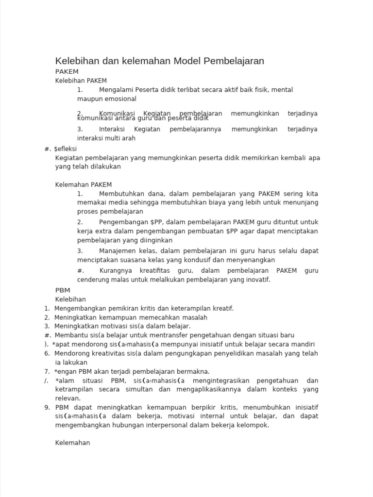 Kelebihan dan Kelemahan Model Pembelajaran | PDF