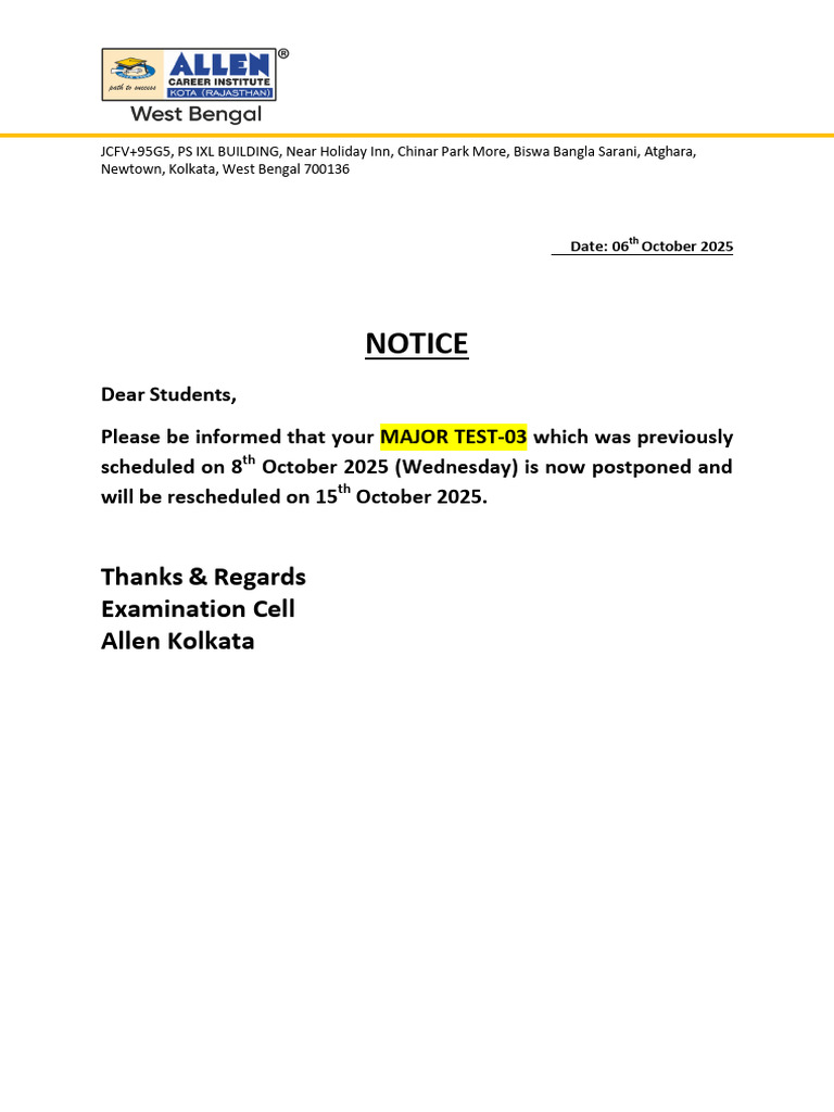 Important Notice Related To Major Test 03 08.10.2025 | PDF