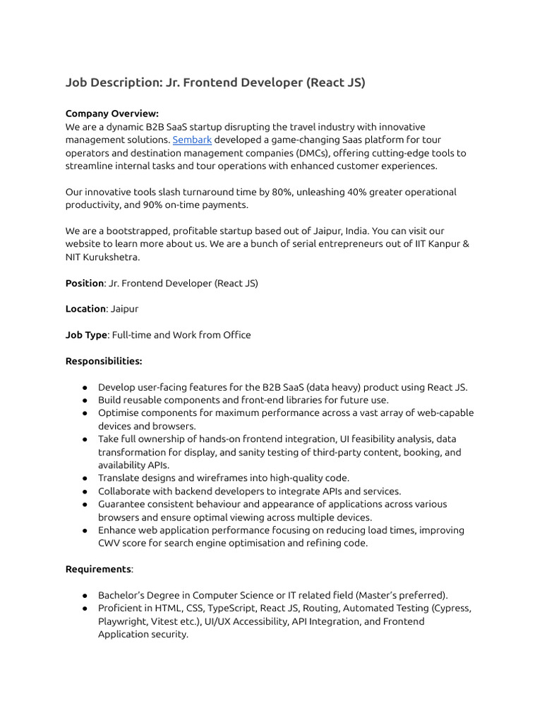 Job Description_ Jr. Frontend Developer (React JS) (1) | PDF ...
