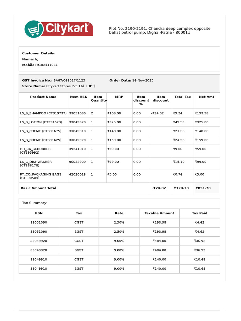 Citykart Invoice Summary - Order Details | PDF | Invoice | Taxation