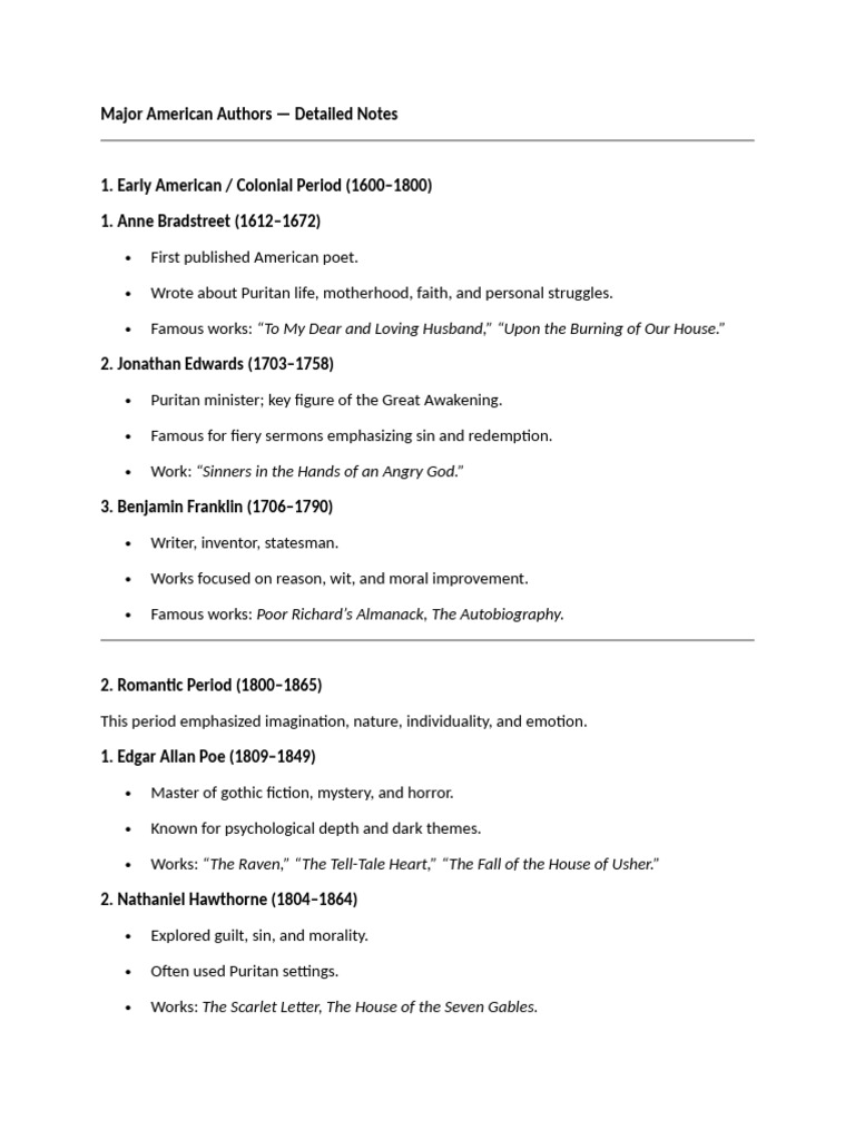 Major American Authors Overview | PDF | Transcendentalism | American ...