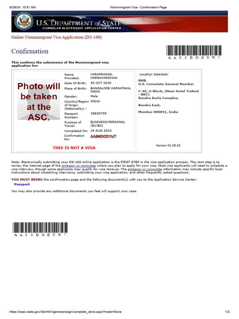 Nonimmigrant Visa Application Confirmation | PDF | Travel Visa ...
