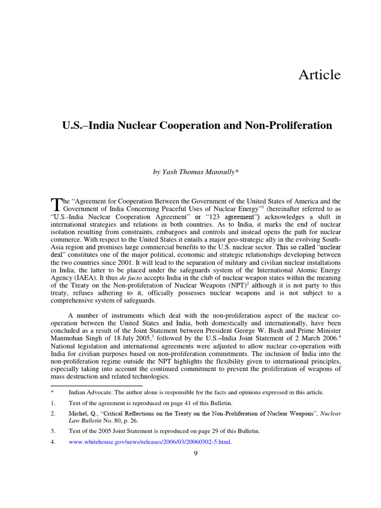 U S India Nuclear Cooperation and Non PR | PDF | Nuclear Proliferation ...