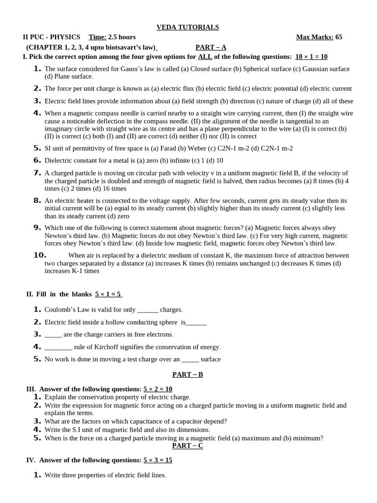 2nd Puc Chapter 1,2,3, 4 Physics | PDF | Magnetic Field | Force