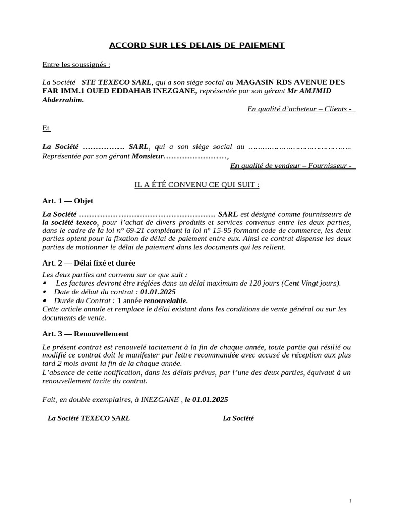 Accord sur Délai de Paiement 120 Jours | PDF