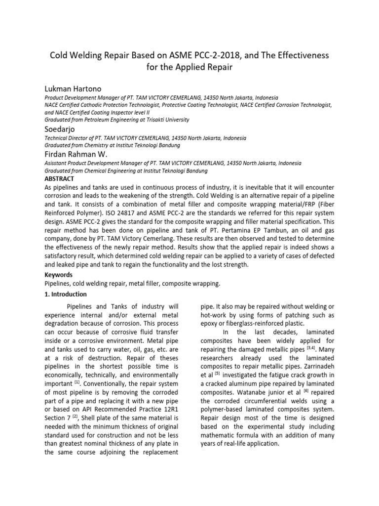 Cold Welding Repair for Pipelines and Tanks | PDF | Composite Material ...