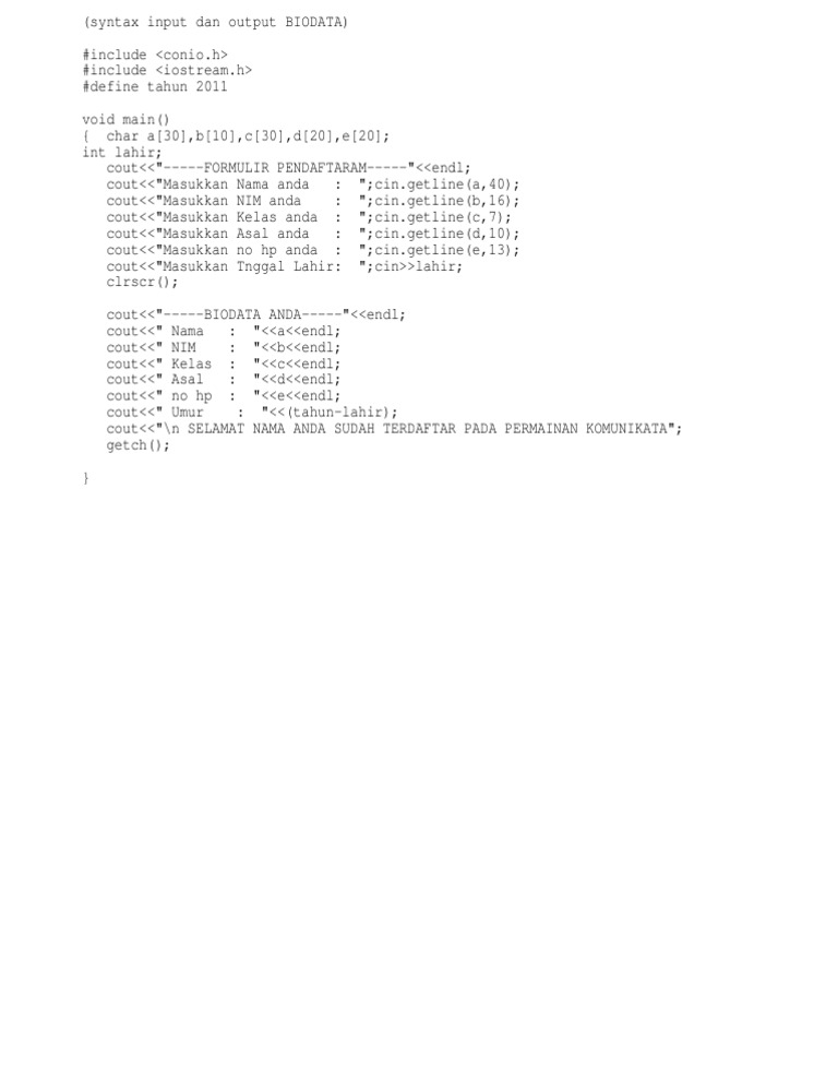 Contoh Program Biodata Via C++ | PDF | Bisnis | Komputer