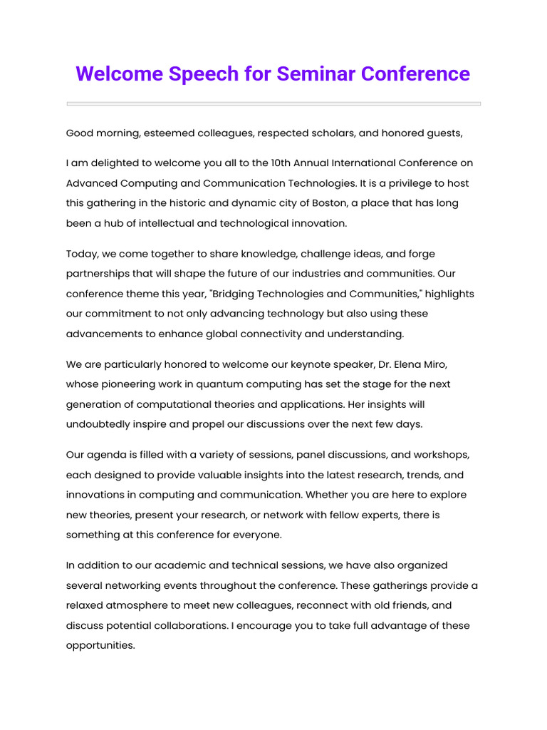 Welcome Speech for Tech Conference | PDF