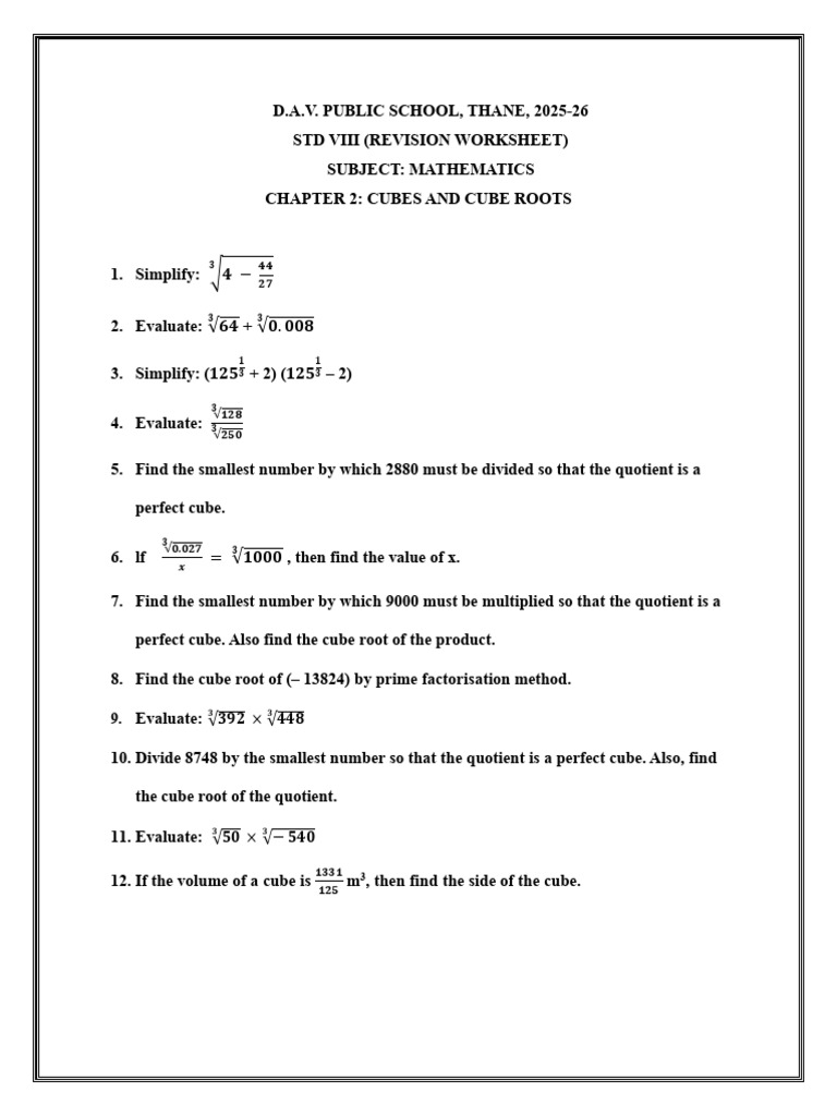 Revision Worksheet - Cubes and Cube Roots | PDF