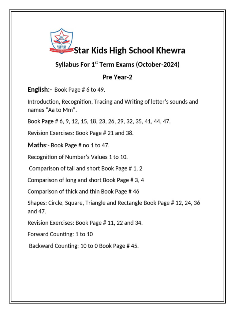 1st Term Syllabus Pre 2 | PDF