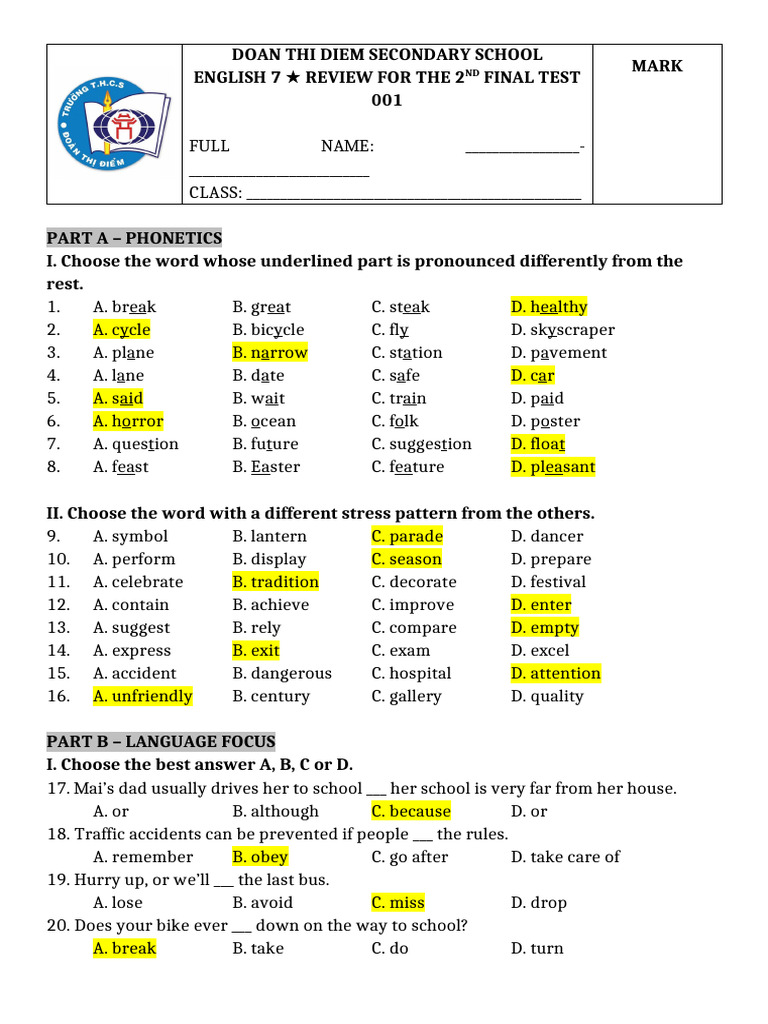 English 7 Final Test Review Guide | PDF
