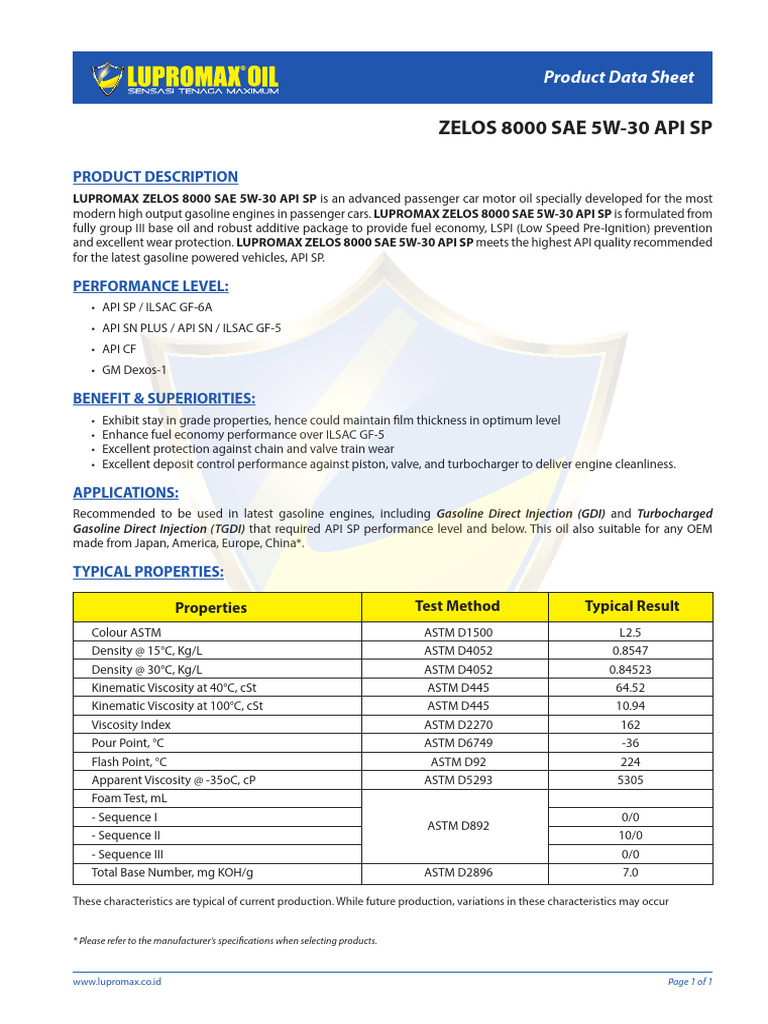 Pds Zelos 8000 5w 30 API SP | PDF | Motor Oil | Internal Combustion Engine