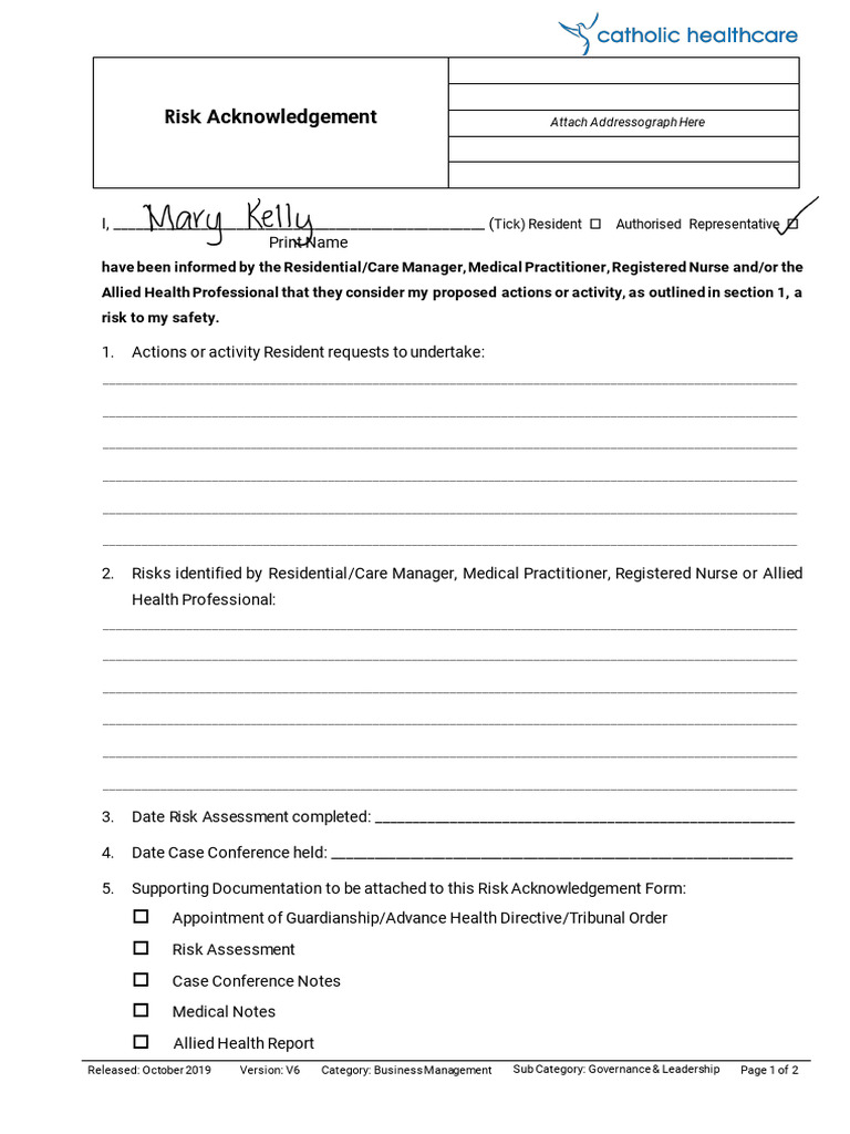 Risk Acknowledgement Form for Residents | PDF | Medicine | Health Care