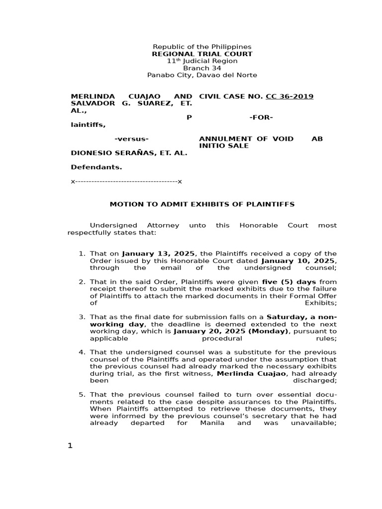 Motion to Admit Exhibits in Civil Case | PDF | Lawsuit | Judiciaries