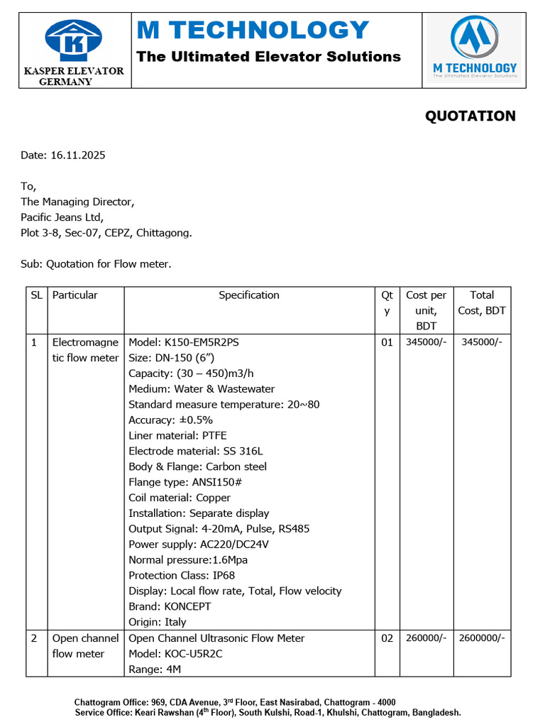 Quotation For Flow Meter | PDF | Flow Measurement | Mechanical Engineering