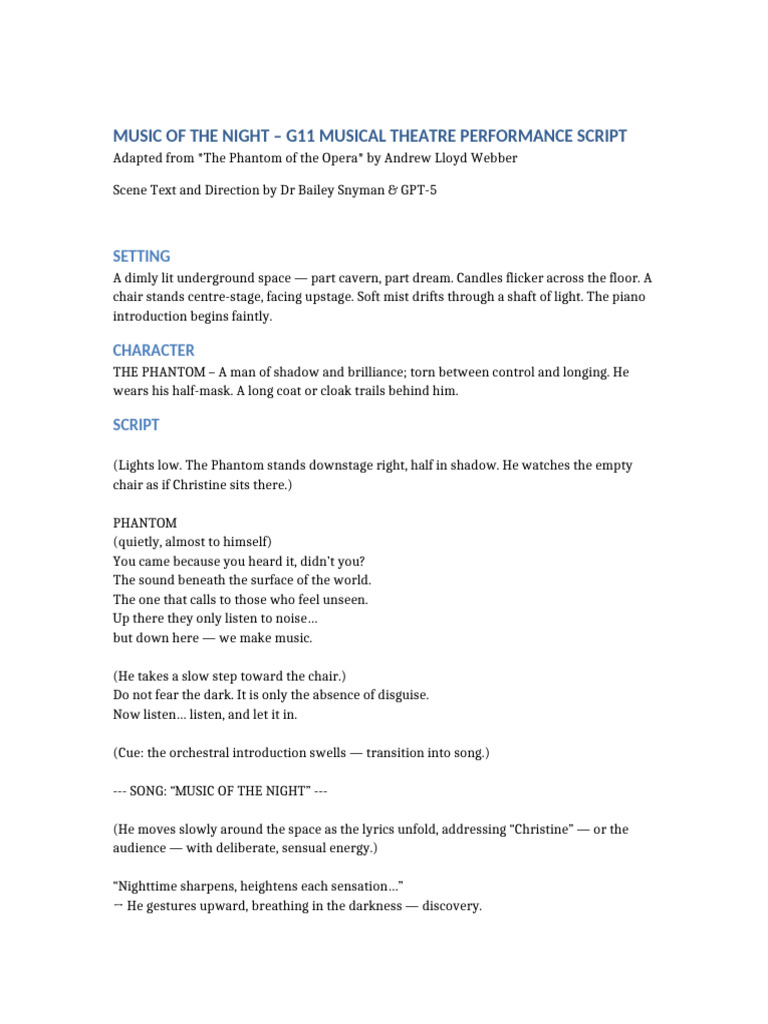 G11 Musical Theatre: Music of the Night Script | PDF