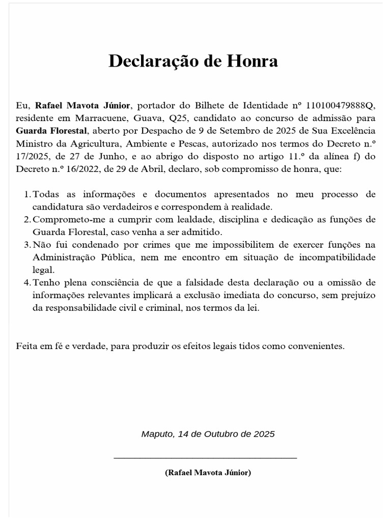 Declaração de Honra para Concurso Florestal | PDF
