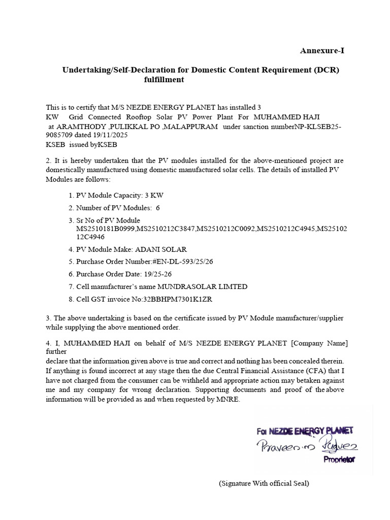 Domestic Content Declaration for Solar PV | PDF