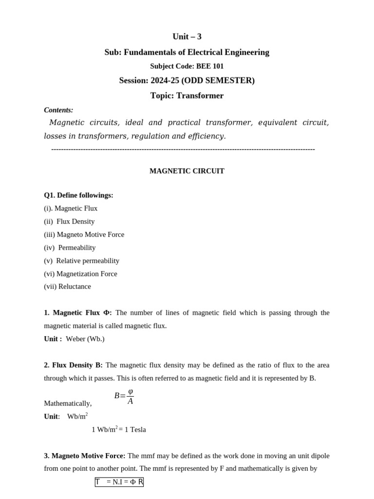 Unit 3 (Transformer) | PDF | Transformer | Magnetic Field