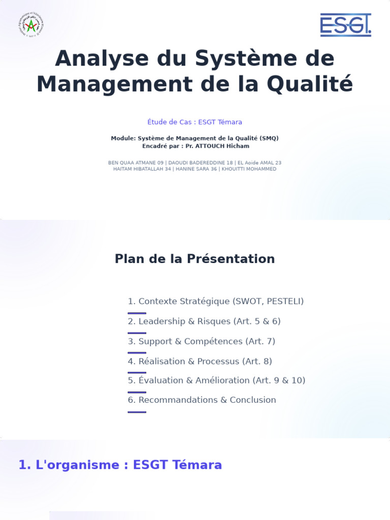 Presentation Analyse SMQ ESGT Temara | PDF | Système de management de ...