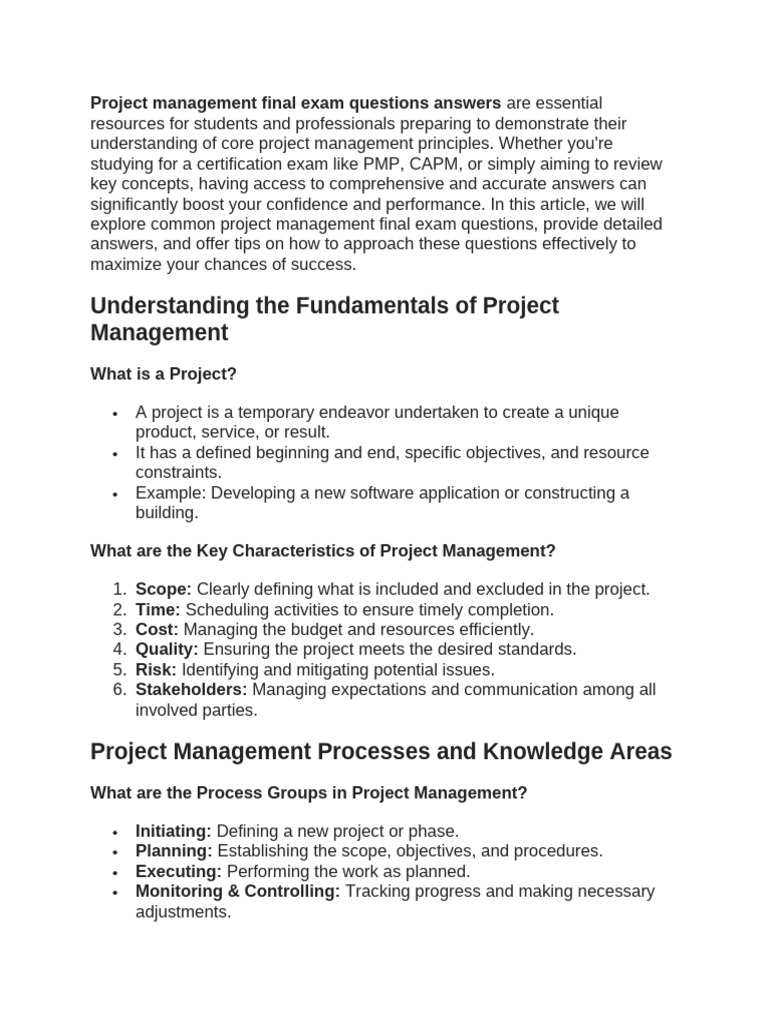 Project Management Final Exam Questions Answers | PDF | Project ...