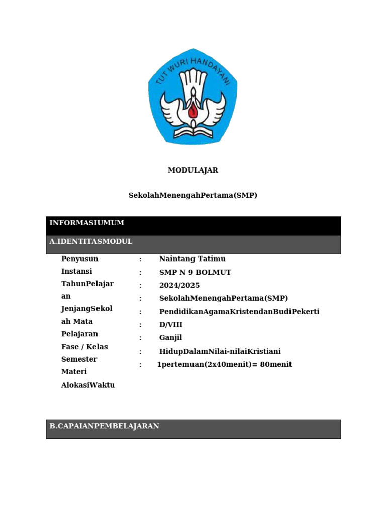 Modul Pembelajaran Nilai Kristiani SMP | PDF