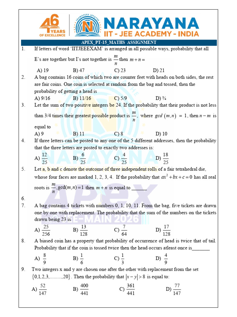 IIT JEE Probability and Combinatorics Assignment | PDF | Probability ...