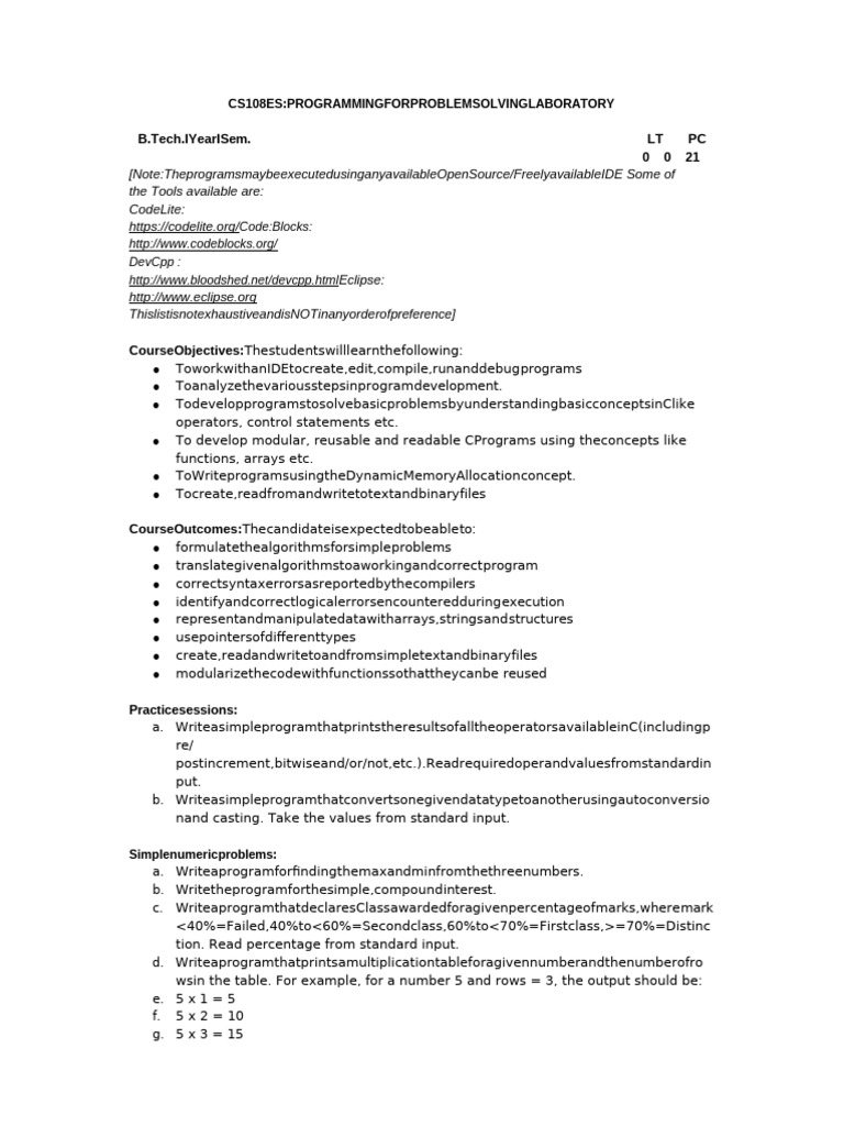 C Programming Problem Solving Lab Guide | PDF | Sequence | String ...