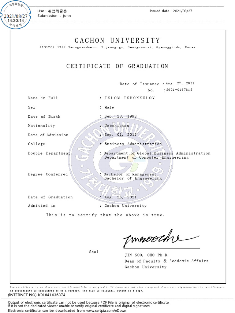 Gachon University Graduation Certificate | PDF