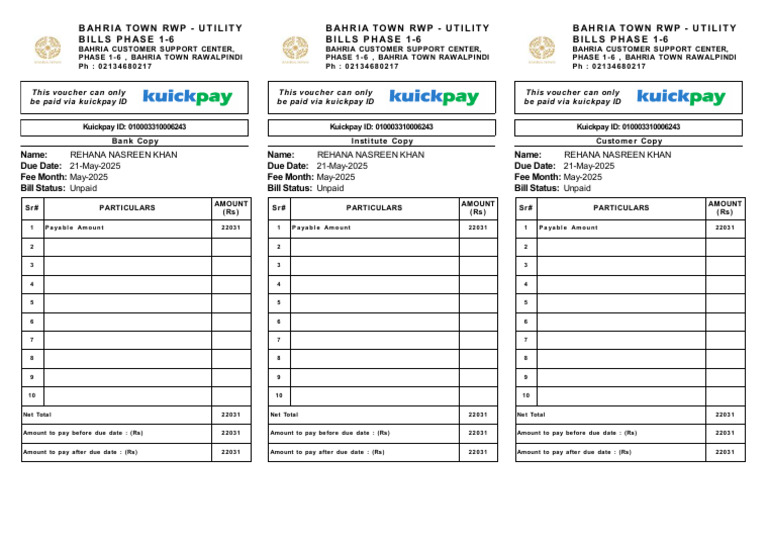 Rehana Nasreen Khan - Bahria Town RWP - Utility Bills Phase 1-6 | PDF ...