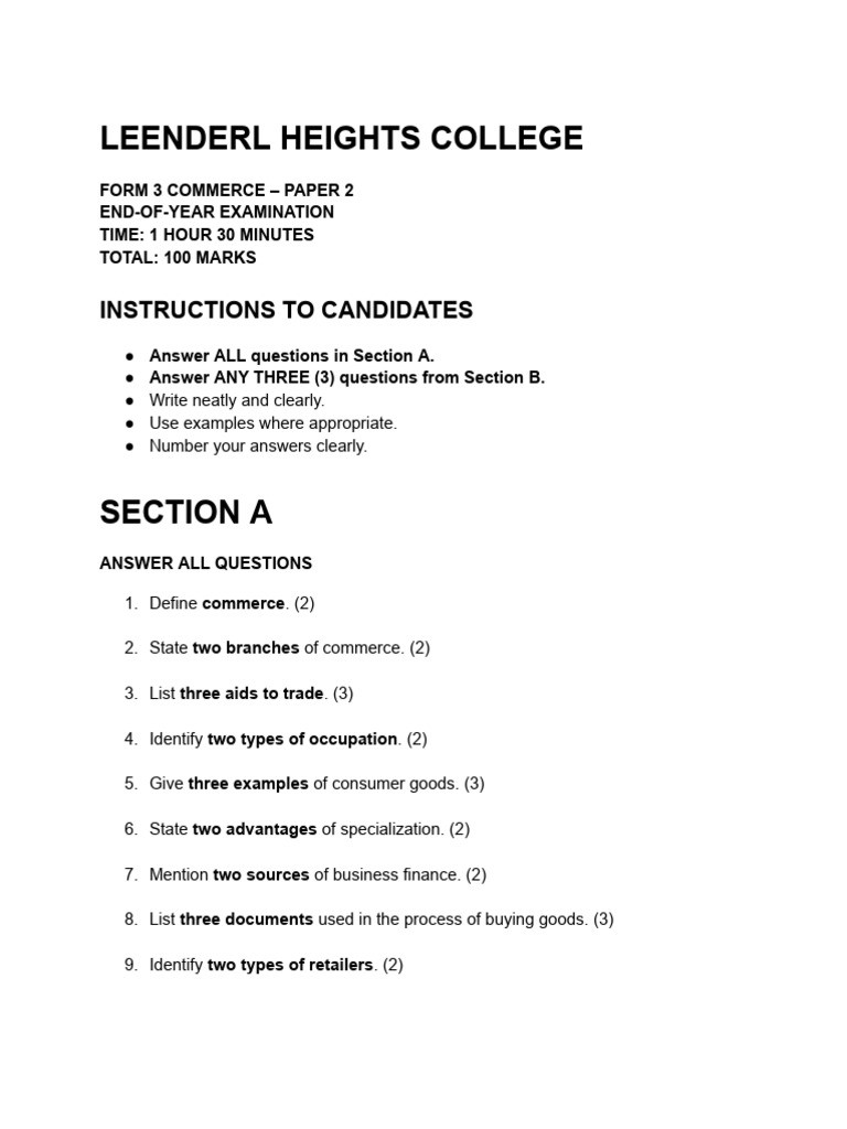 Form 3 Commerce Exam Paper Guide | PDF | Economies | Business