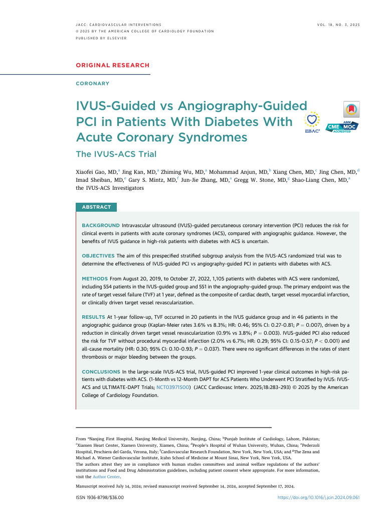 IVUS-Guided Vs Angiography-Guided PCI in Patients With Diabetes With ...