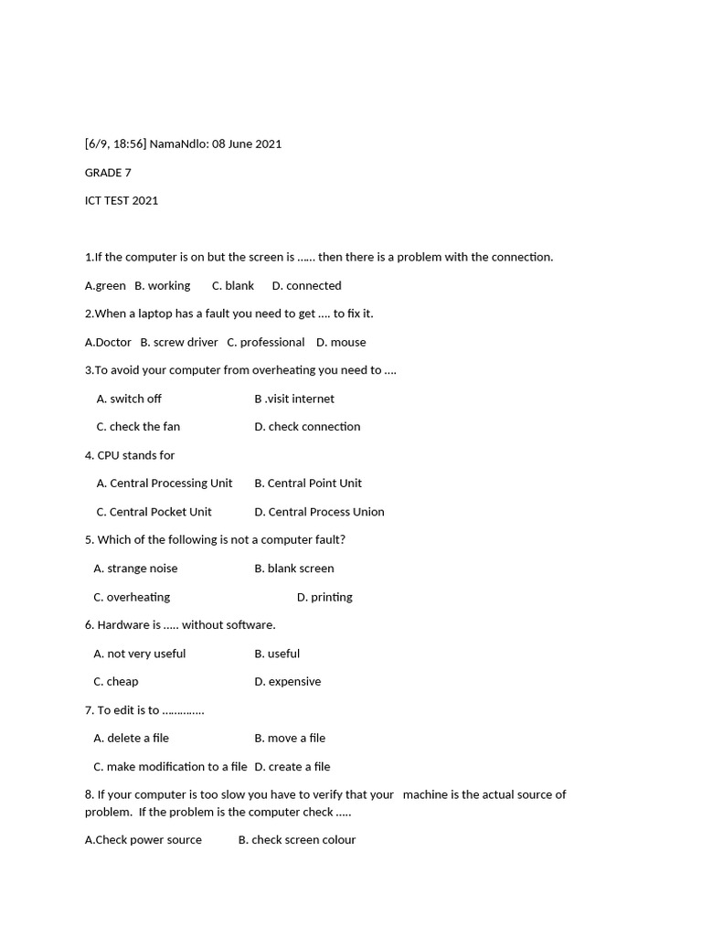 Grade 7 ICT Test Questions and Answers | PDF | Human Migration