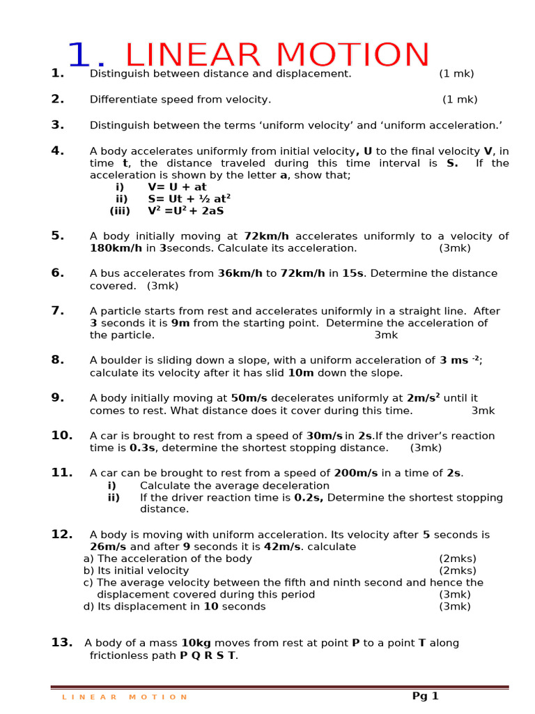1. Linear Motion | PDF | Acceleration | Velocity