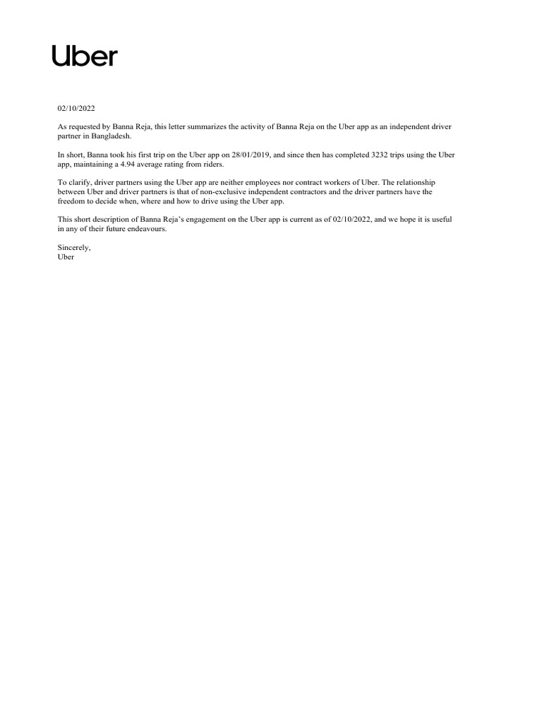 Banna Reja's Uber Driver Summary | PDF