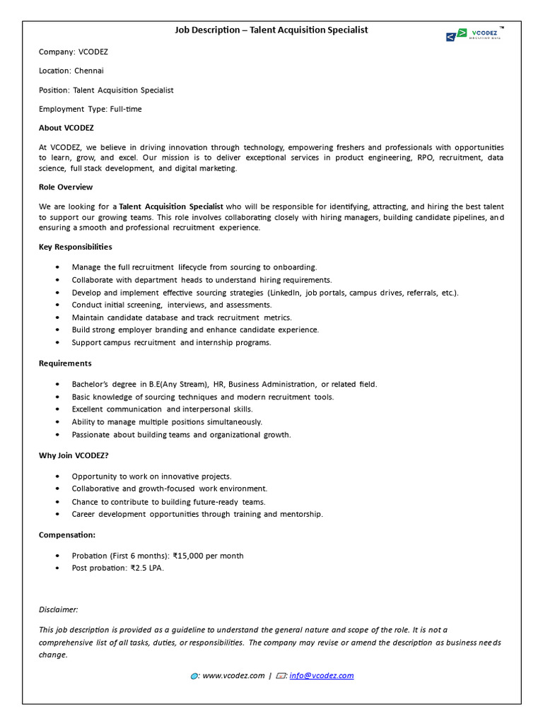 VcodezJD-Talent Acquisition Specialist | PDF | Recruitment | Business