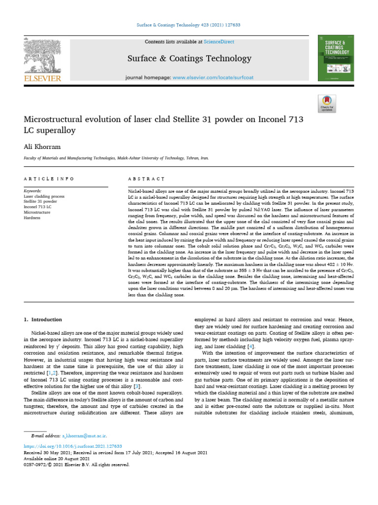 Microstructural Study of Laser Clad Stellite 31 | PDF | Physical ...