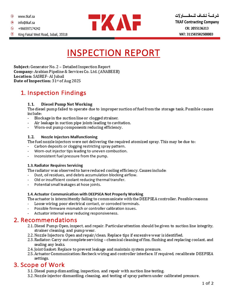 Generator Inspection Report - ANABEEB - SASREF Jubail | PDF | Diesel ...