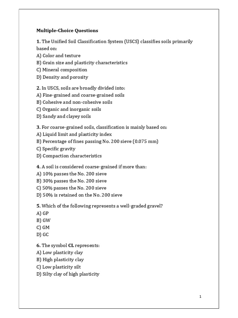 Soil Classification-USCS - MCQs | PDF | Natural Materials | Soil