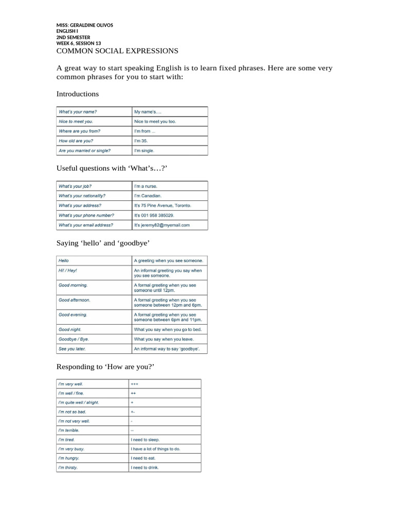 w6-s13 Common Social Expressions | PDF