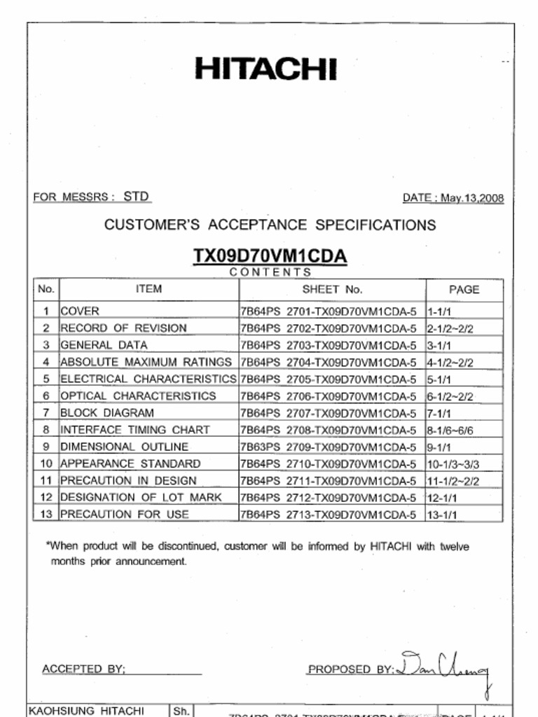 Hitachi Tx09d70vm1cda Lcdpanel Datasheet | PDF